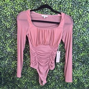 Nwt Sheer brown Ruched sheer sleeve and back Long Sleeve Bodysuit nwt